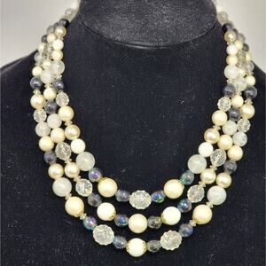 Vintage 3 Strand Beaded Necklace Black White Clear Faux Pearls Elegant Party